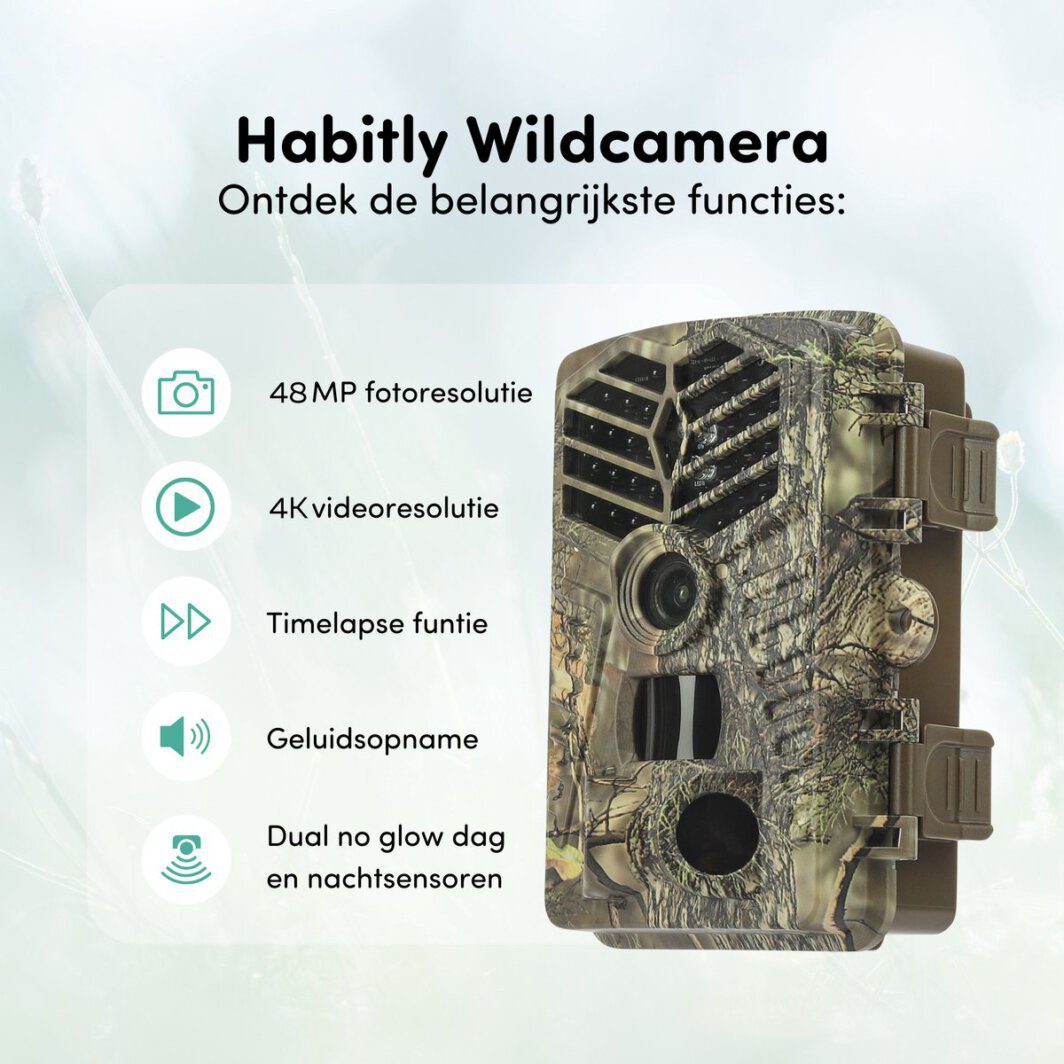 Habitly® Professionele Wildcamera met Nachtzicht - Voor Buiten - 4K & 48MP - Incl. 128GB SD-Kaart