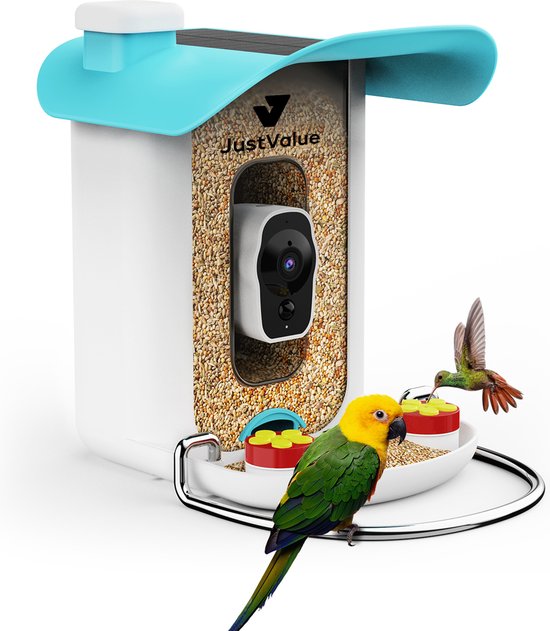 JustValue Vogelvoederhuisje - Vogelhuisje met Camera - AI vogelherkenning - 1080 HD - Audio - Voederpaalsysteem - Vogelboeder Buitenvogels - Nestkast Camera - Vogelvoerhuisje - Vogelhuis Camera