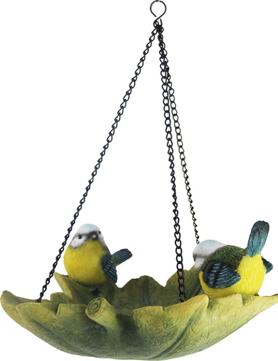 Vogelbad hangend bladvormig koolmees 25 cm hoog inclusief ketting - voedersystemen - vogelbadje - voederhanger - pinda - noten - metaal - polyresin - tuinieren - tuinfiguur - tuindecoratie - tuinaccessoire - geschenk - cadeau - vogelliefhebbers